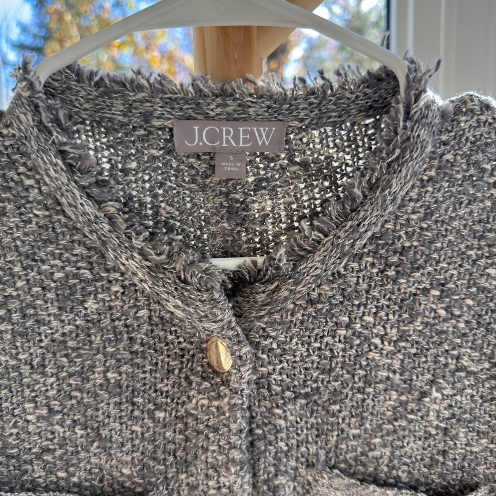 J.Crew Cropped Fringe-Trim Lady Jacket Marled Yarn Size S — Grey/ Ivory - Picture 3 of 4